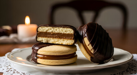 Chocolate Covered Alfajores On Plate With Lit Candle Creating A Festive Atmosphere