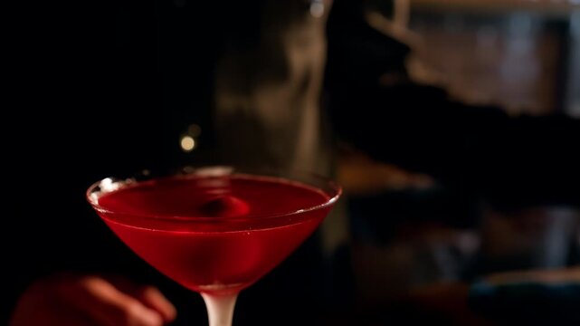 Vibrant red cocktail in a classic coupe glass at a dimly lit bar, captured in closeup with a bartender's silhouette in the background, highlighting mixology and evening ambiance.