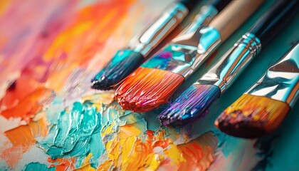 Obraz premium Vibrant paintbrushes rest on a colorful palette with red, orange, yellow, and teal paint