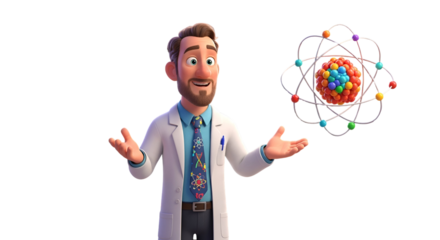 3d icon of cheerful scientist in lab coat explaining the structure of an atom isolated on transparent background