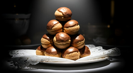 Chocolate-Dipped Cream Puffs Pyramided on Decorative Plate Displaying Culinary Treat