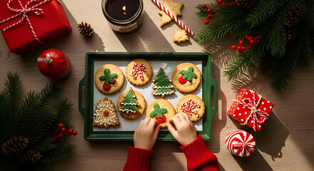 Christmas Cookies And Gifts Surrounded By Holiday Decorations On Wood Surface