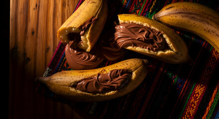Chocolate-Filled Bananas: A Decadent Tropical Treat With Rustic Texture Composition