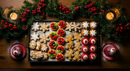 Christmas Sweets Offering A Festive Display Of Cookies, Cakes, Candles And Decorations