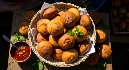 Circular Fried Dough Basket with Accompanying Sauce, A Culinary Presentation