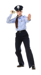 Young policewoman in uniform with flashlight showing stop gesture on white background