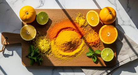 Citrus Arrangement And Spices On A Rustic Wooden Cutting Board From Above