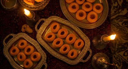 Candlelight Dinner Showing Donuts On Ornate Serving Trays With Elegant Ambiance Lighting
