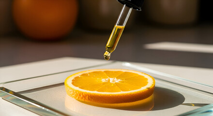 Citrus Essence: Droplet Falling Onto Sliced Orange, Illuminating Sunny Brightness