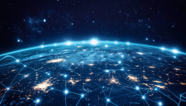 Global network connections illustrated on a dark blue earth at night with bright city lights and stars