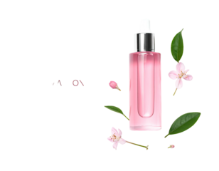 Pink serum bottle with flowers and leaves