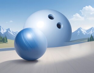Two bowling balls on a lane against a mountain backdrop.  A large, light-blue ball and a smaller, darker blue ball rest on a light-colored lane