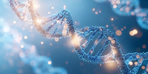 Double helix DNA structure illuminated with glowing particles in a scientific visualization