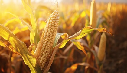 Golden corn cob in a field at sunset