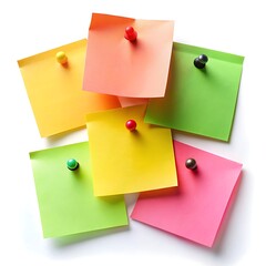 Yellow, Green, Black, Orange, Red, Pink sticky post it note with red pushpin isolated studio shot vibrant color isolated on white background