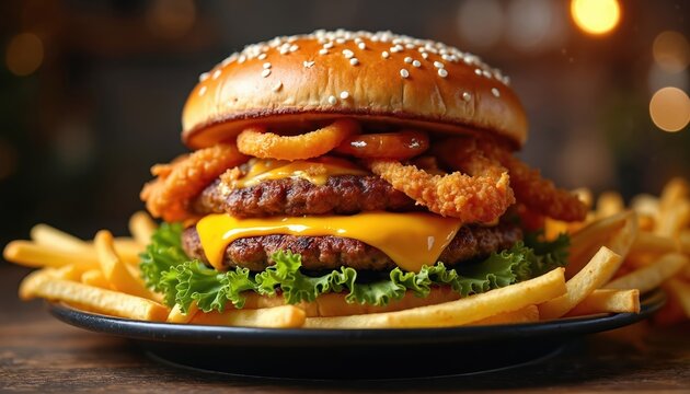 Editorial photo of a juicy double patty burger with melted cheese crispy onion rings lettuce french fries on a plate. Fast food unhealthy delicious meal concept