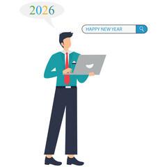 Get ready for 2026 New Year celebrations with online search, professional man using laptop thinking about future success, perfect for business planning promotions