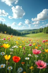 Fototapeta premium Lush green meadow with colorful wildflowers under a bright blue sky dotted with fluffy white clouds. Rolling hills and forests form a scenic natural landscape backdrop.
