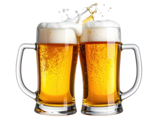 Two beer mugs clinking together, full of light amber beer, with a splash of foam