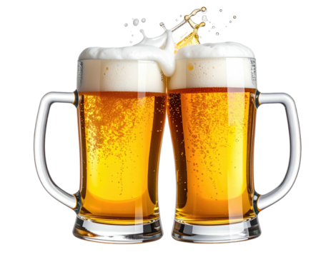 Two beer mugs clinking together, full of light amber beer, with a splash of foam