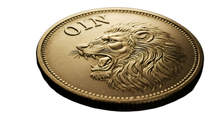 3d icon of closeup of a gold coin with a lions head design, showcasing intricate details and a regal appearance isolated on transparent background