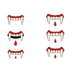 Set of six vampire fangs and teeth illustrations with dripping blood, isolated on transparent background