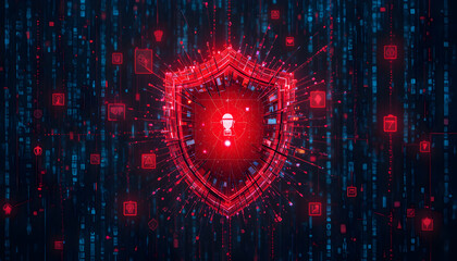 Dynamic digital shield protecting vital data from cyber threats with glowing red security icons against a dark binary code backdrop
