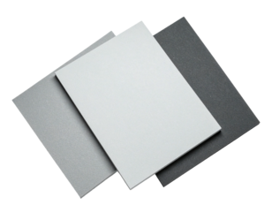 Three sheets of varying shades of gray and white paper layered