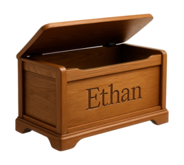 A custom wooden toy chest with engraved names, perfect for adding a personal touch.