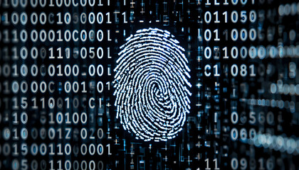 Secure digital identity concept with glowing fingerprint overlayed on binary code grid representing advanced cybersecurity and data protection technology