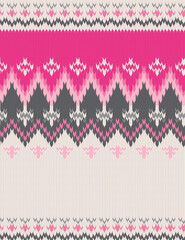 Seamless fairisle sweater knit pattern. Repeating zigzag striped vector print with a pink, white and gray design on a beige background. Apparel textile pattern.