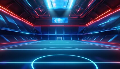 Futuristic neon-lit indoor arena for a virtual soccer game