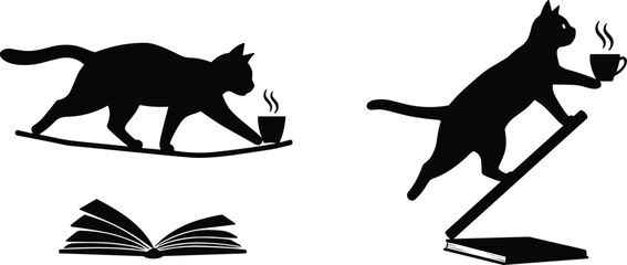 Silhouette cats with books and coffee cup, playful feline reading theme, cozy library atmosphere, black cat illustration, whimsical design