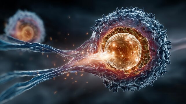 A powerful visualization of CAR-T cell therapy, with an engineered T-cell hunting down and destroying a cancer cell.