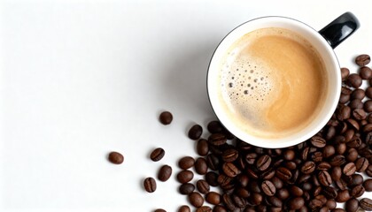 Top-down view of a coffee cup surrounded by scattered beans on white.
