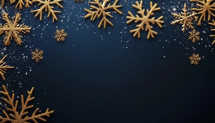 Golden snowflakes on dark blue background, winter holiday decoration
