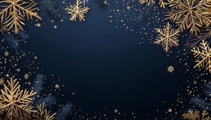 Elegant gold snowflakes and dark blue branches on a navy background