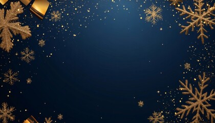 Golden snowflakes and ribbons on a dark blue background