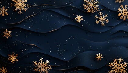 Elegant navy blue and gold winter background with snowflakes
