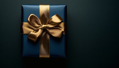 Navy blue gift box with a gold ribbon and bow