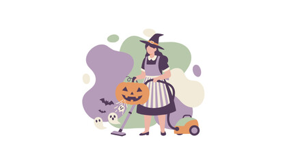 Witch vacuuming up Halloween ghosts and bats from a carved pumpkin Festive holiday cleaning concept