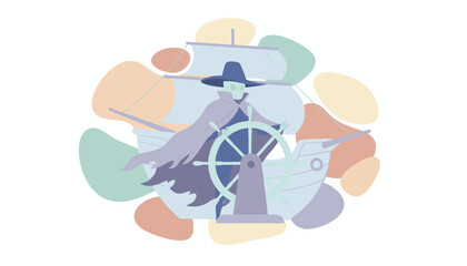 Mysterious cloaked captain steers a stylized ship Concept of journey control and adventure