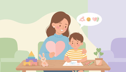 Caring mother supports her sad child drawing encouraging emotional expression and wellbeing