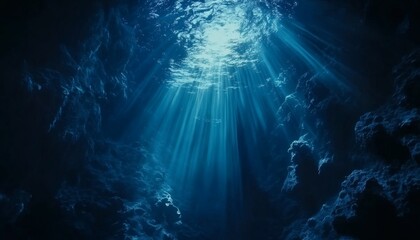 Obraz premium Sunbeams penetrate a dark underwater cave, illuminating the rocky walls and creating a dramatic scene