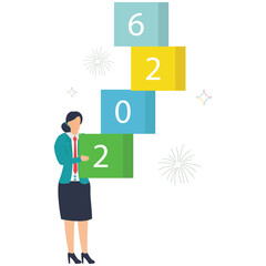 Successful businesswoman holding 2026 new year blocks with celebratory fireworks, perfect for exciting seasonal promotions and fresh creative projects