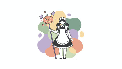 Festive maid character holding a jackolantern staff Ideal for Halloween events and seasonal designs