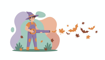 Person in witch hat blowing autumn leaves and bats Halloween fall season activity