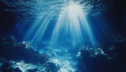 Fototapeta premium Sunbeams penetrate deep ocean water illuminating rocky seabed