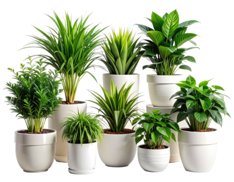 Assorted houseplants in white pots