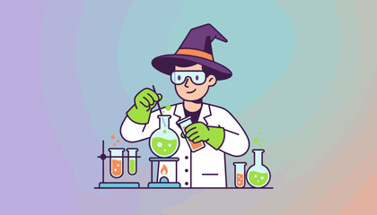 Cheerful scientistwizard conducting a colorful chemical experiment in a laboratory setting